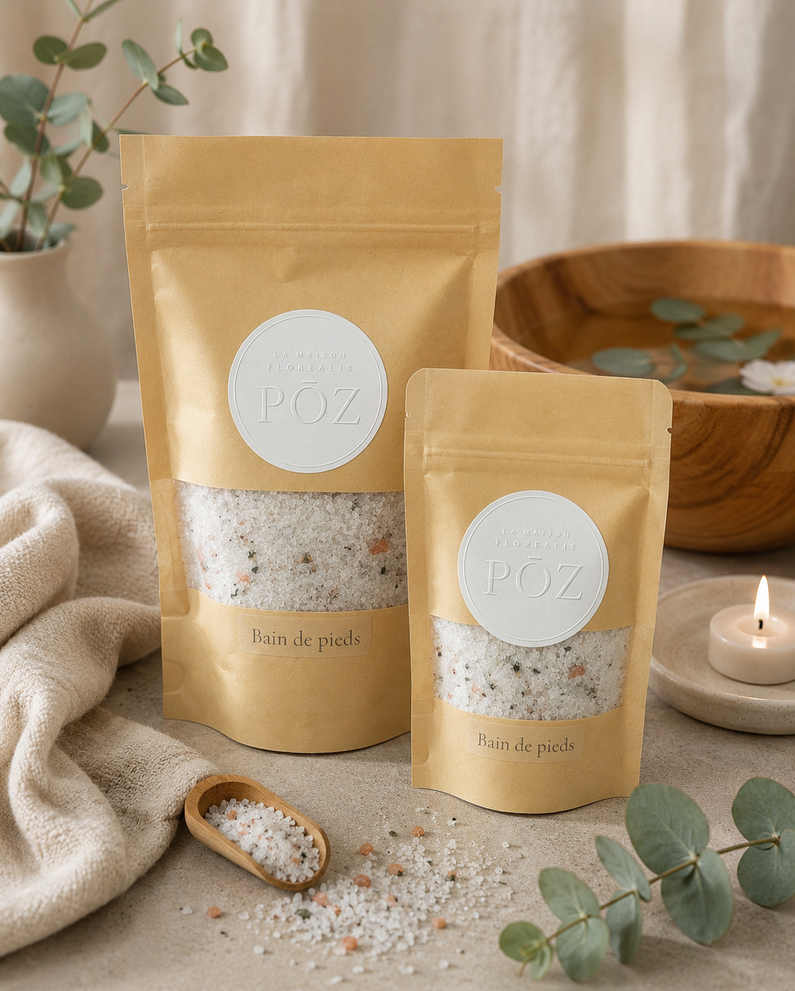 Bain de pieds PŌZ – emballages kraft avec étiquette crème embossée