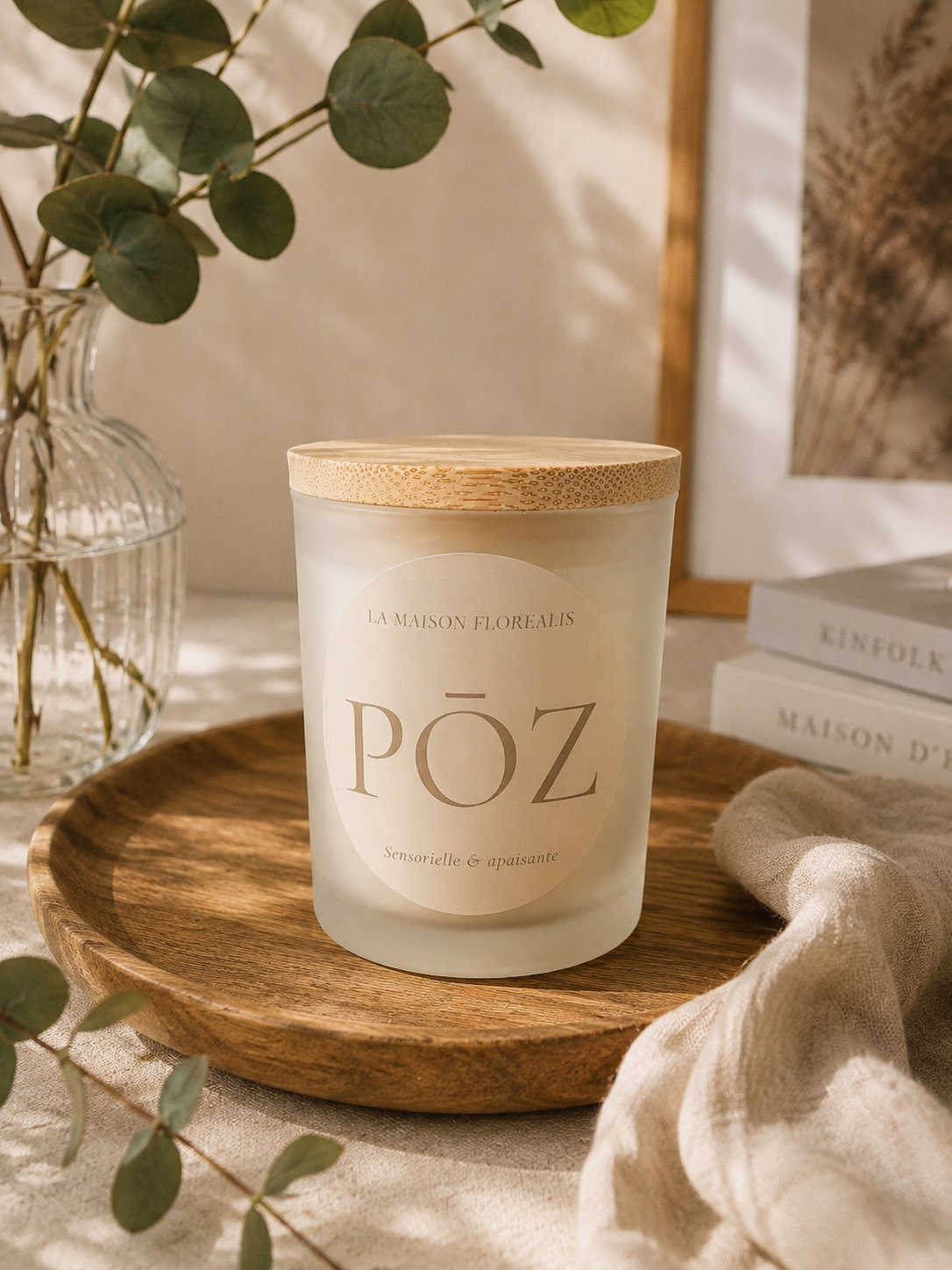 Bougie crépitante PŌZ – pot crème avec couvercle en bois et étiquette crème
