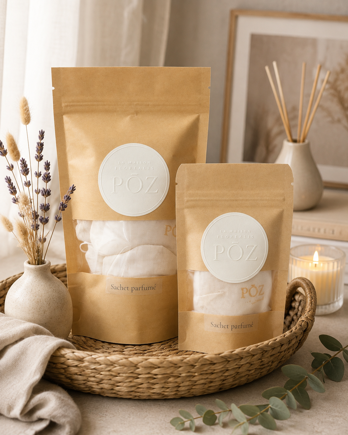 Sachet parfumé PŌZ – emballages kraft avec étiquette crème embossée