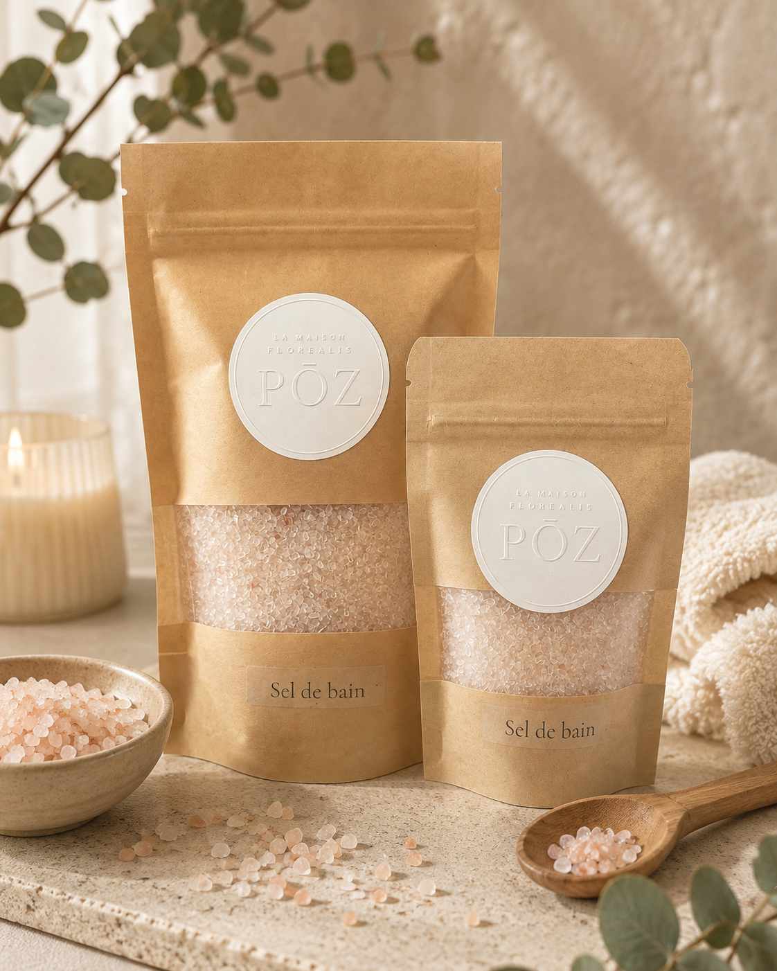Sel de bain PŌZ – emballages kraft avec étiquette crème embossée