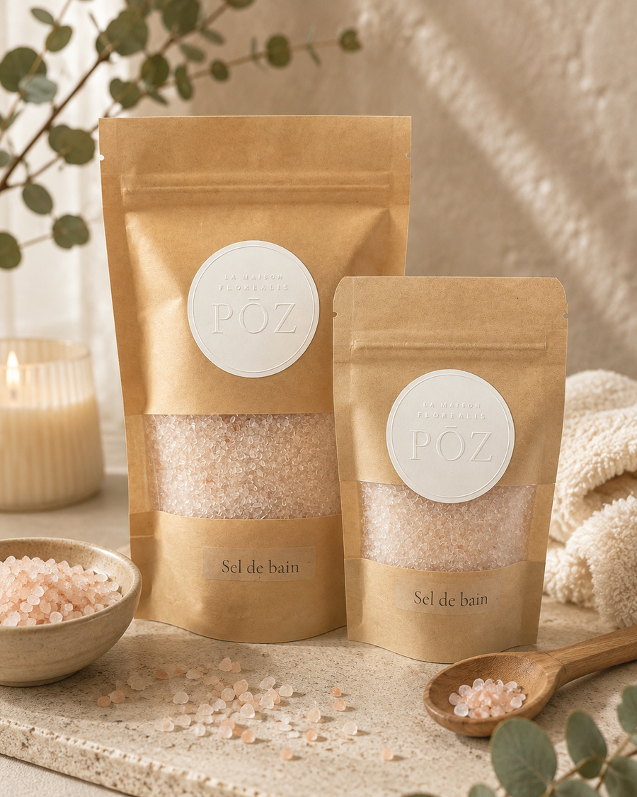 Sel de bain PŌZ – emballages kraft avec étiquette crème embossée